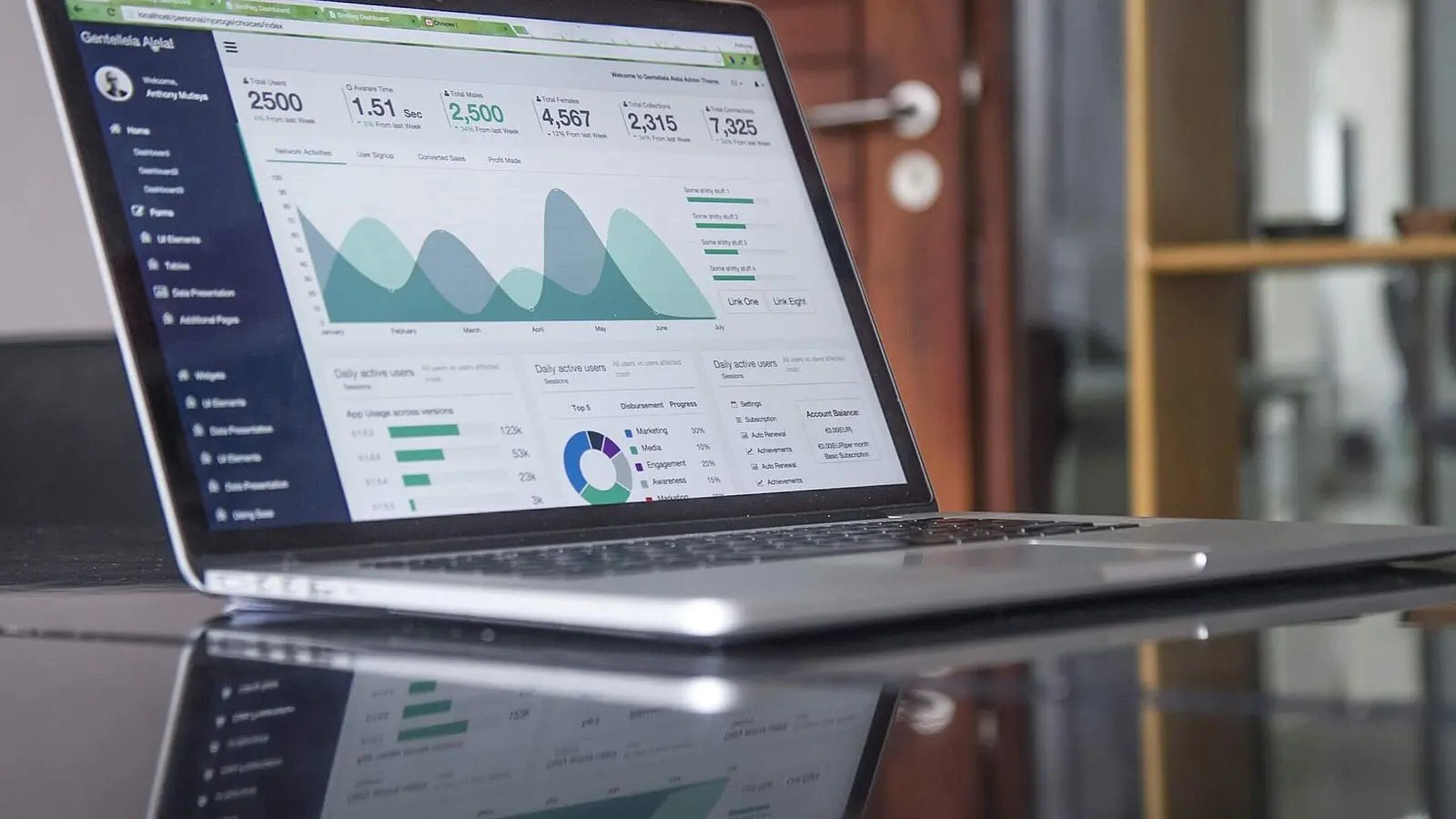 A laptop on a glossy desk showing charts and figures on a reporting screen