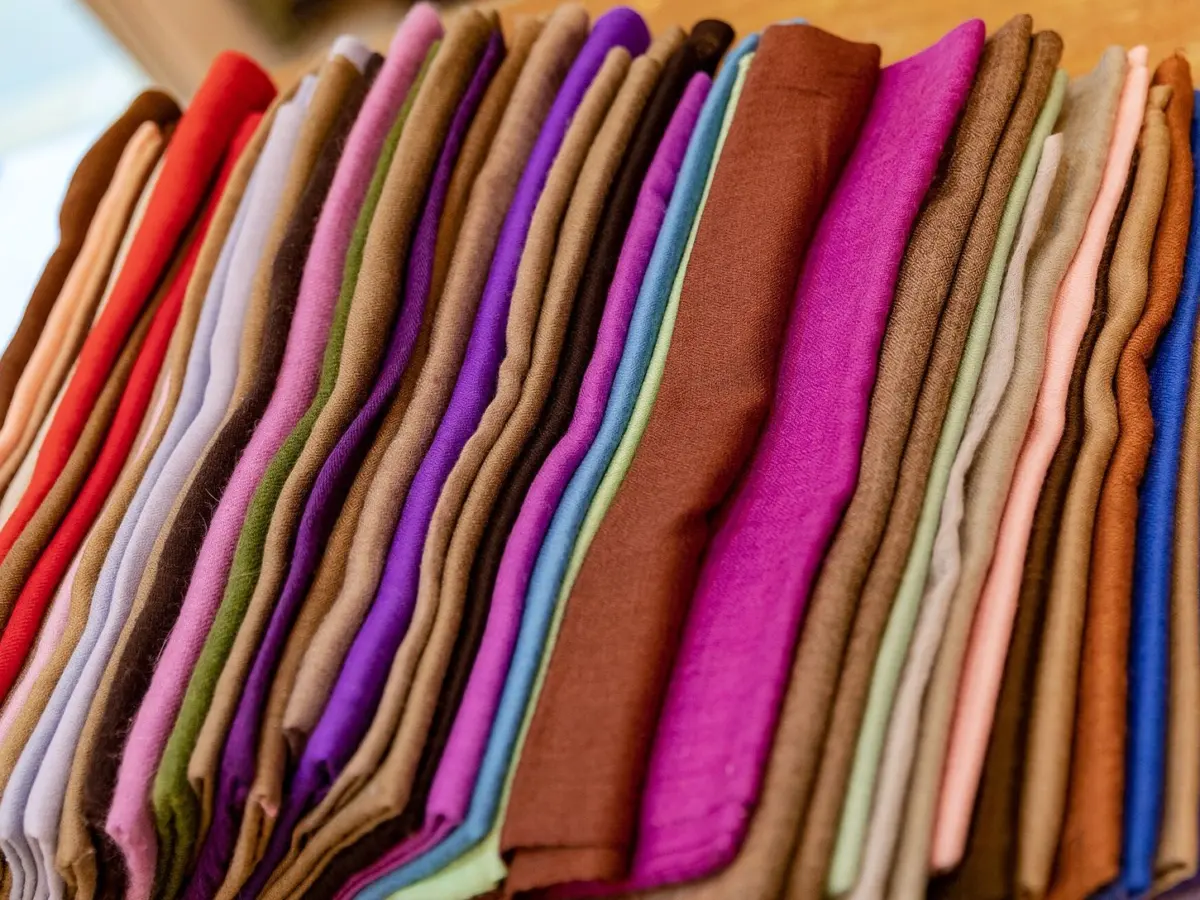 Folded fabrics in pink, purple, orange and gold lined up for sale in a Jaipur textile shop
