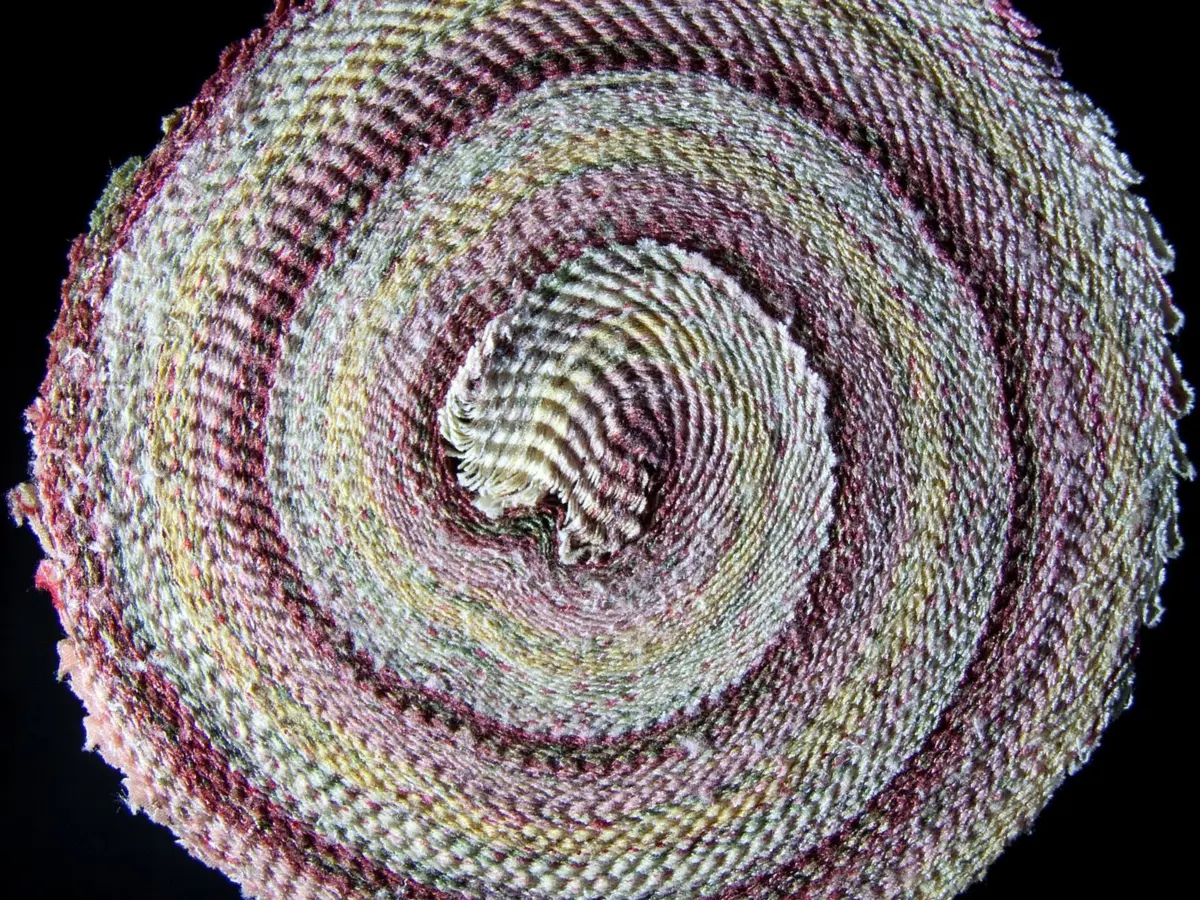 Strips of printed fabric rolled into a tight spiral, seen from above on a dark ground